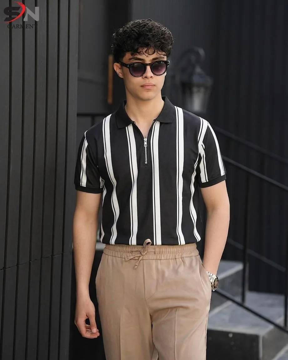 ATISH Men's White & Black Striped Zip Polo Shirt