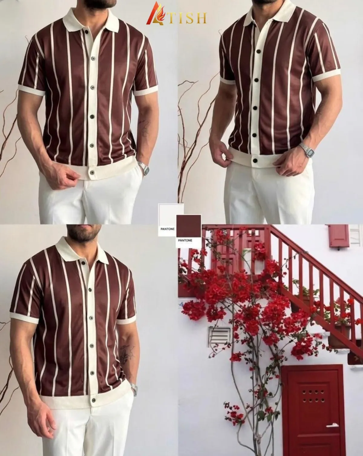 ATISH Premium Brown Vertical Stripe Old Money Button Down Shirt