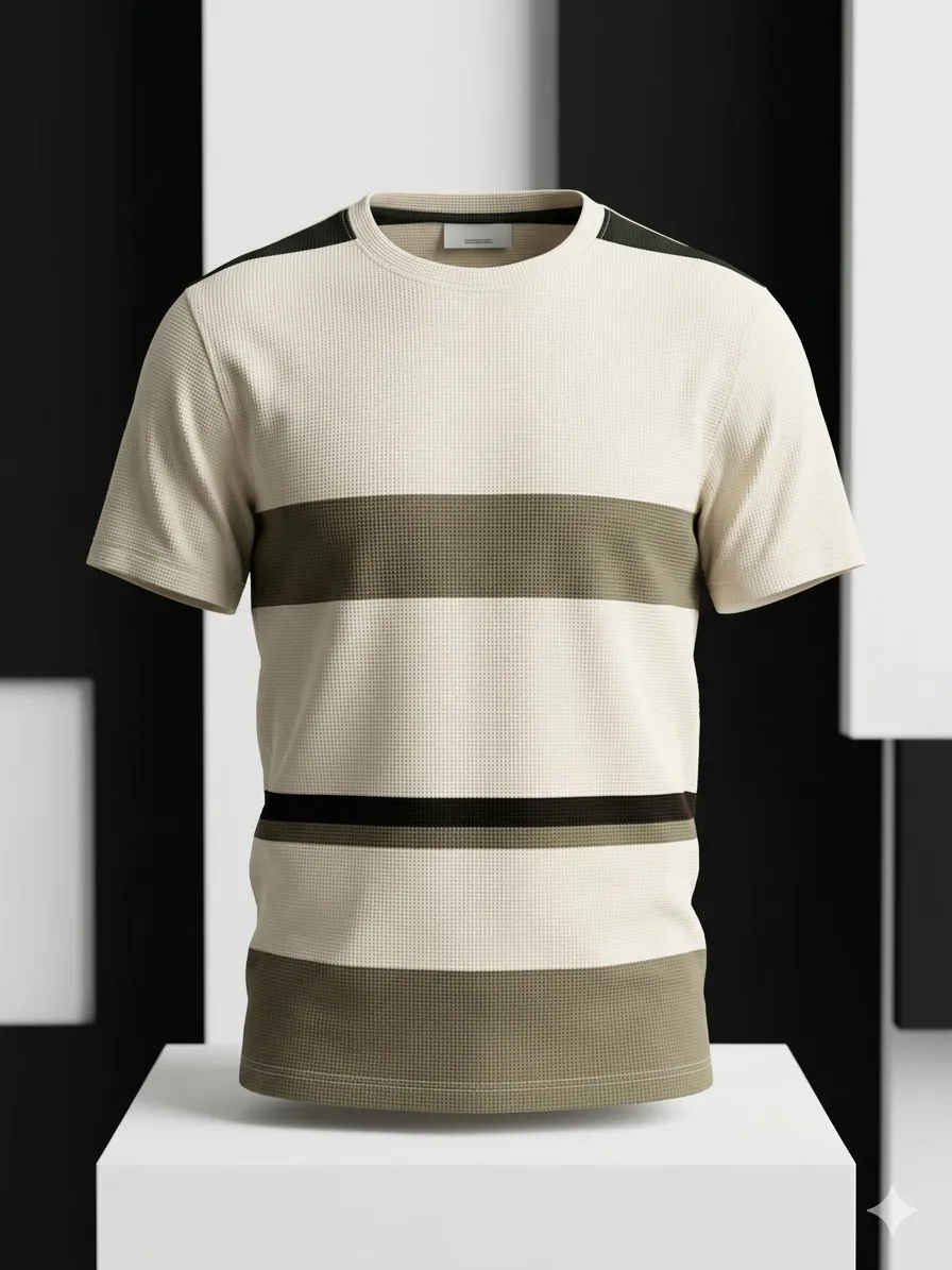 Men’s Cream & Olive Striped T-Shirt – Premium Casual Wear