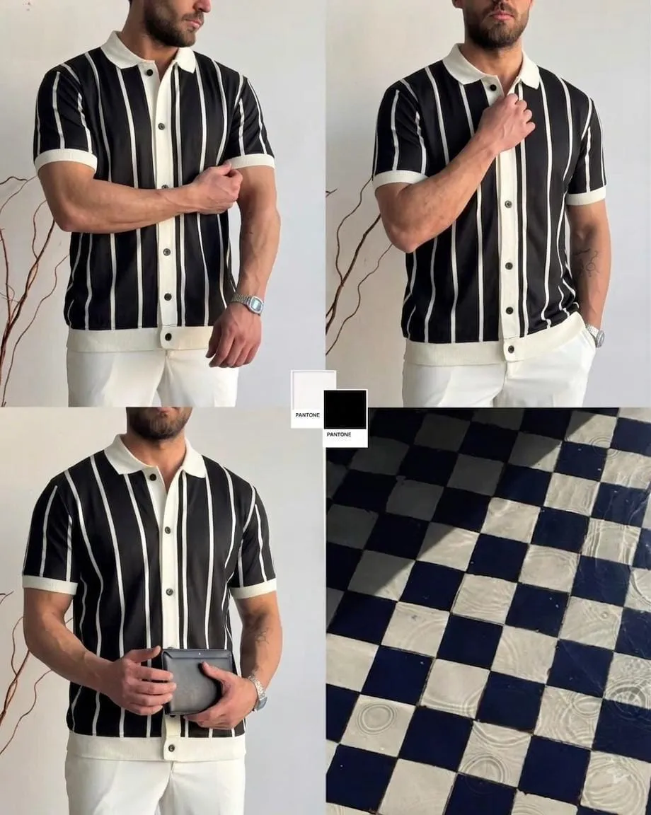 ATISH Premium Black Vertical Stripe Old Money Button Down Shirt