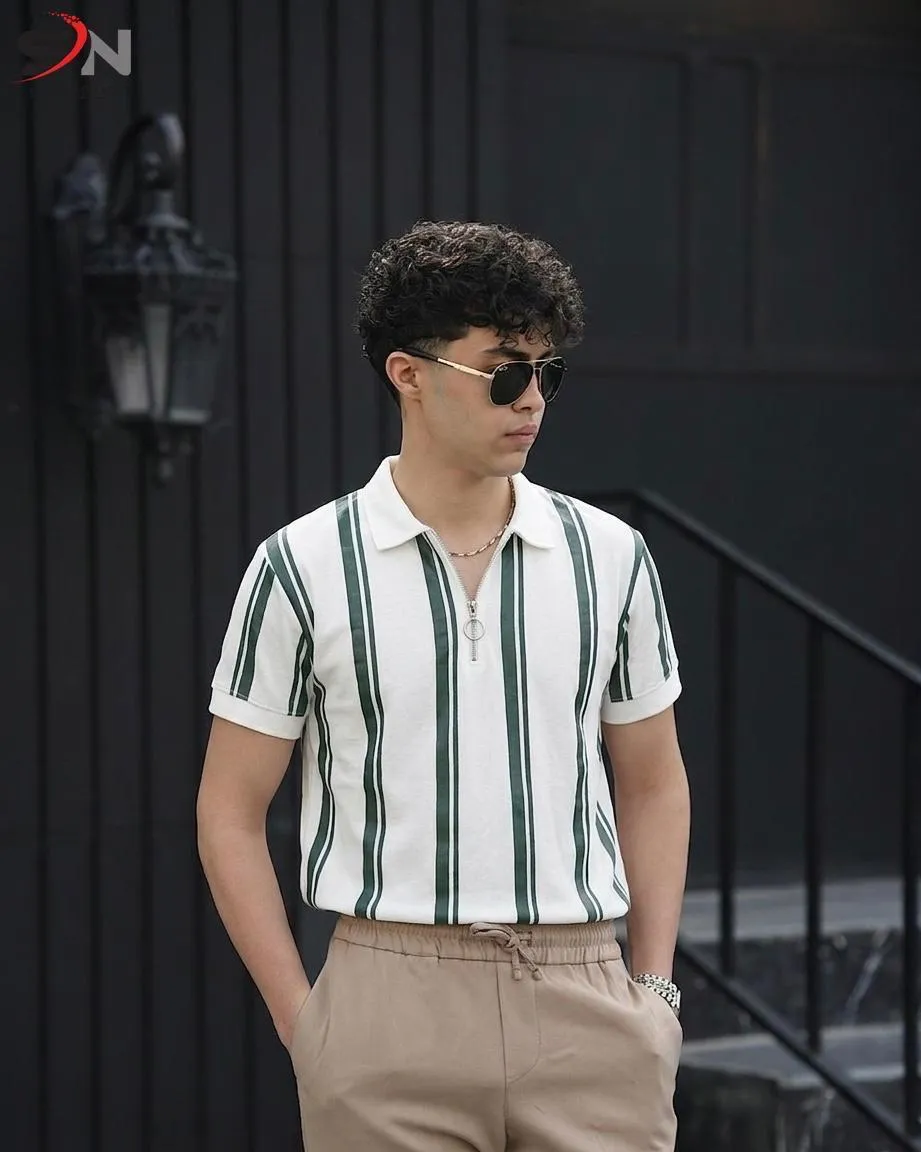 ATISH Men's White & Green Striped Zip Polo Shirt