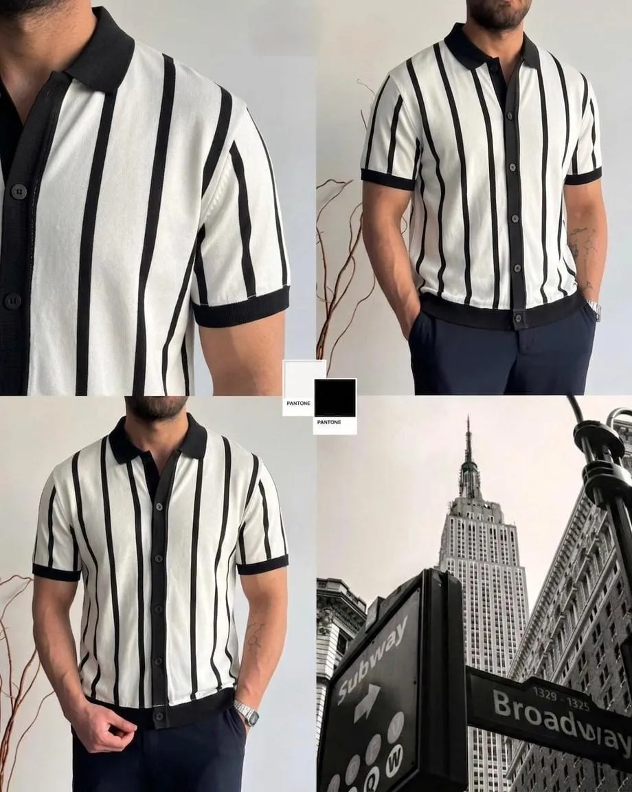ATISH Premium Black Vertical Stripe Old Money Button Down Shirt